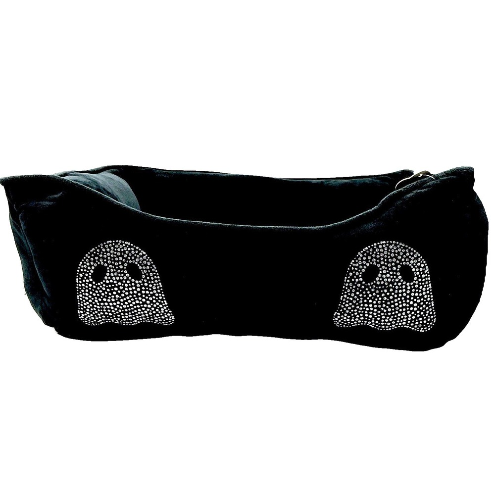 Tricks For Treats Pet Bed Black Velour Silver Ghosts Halloween Gothic 20x16x7